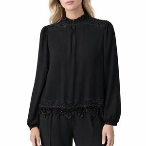 MICHAEL MICHAEL KORS Black Beaded Long Sleeve Fancy Easy Care Poly Blouse Sz M